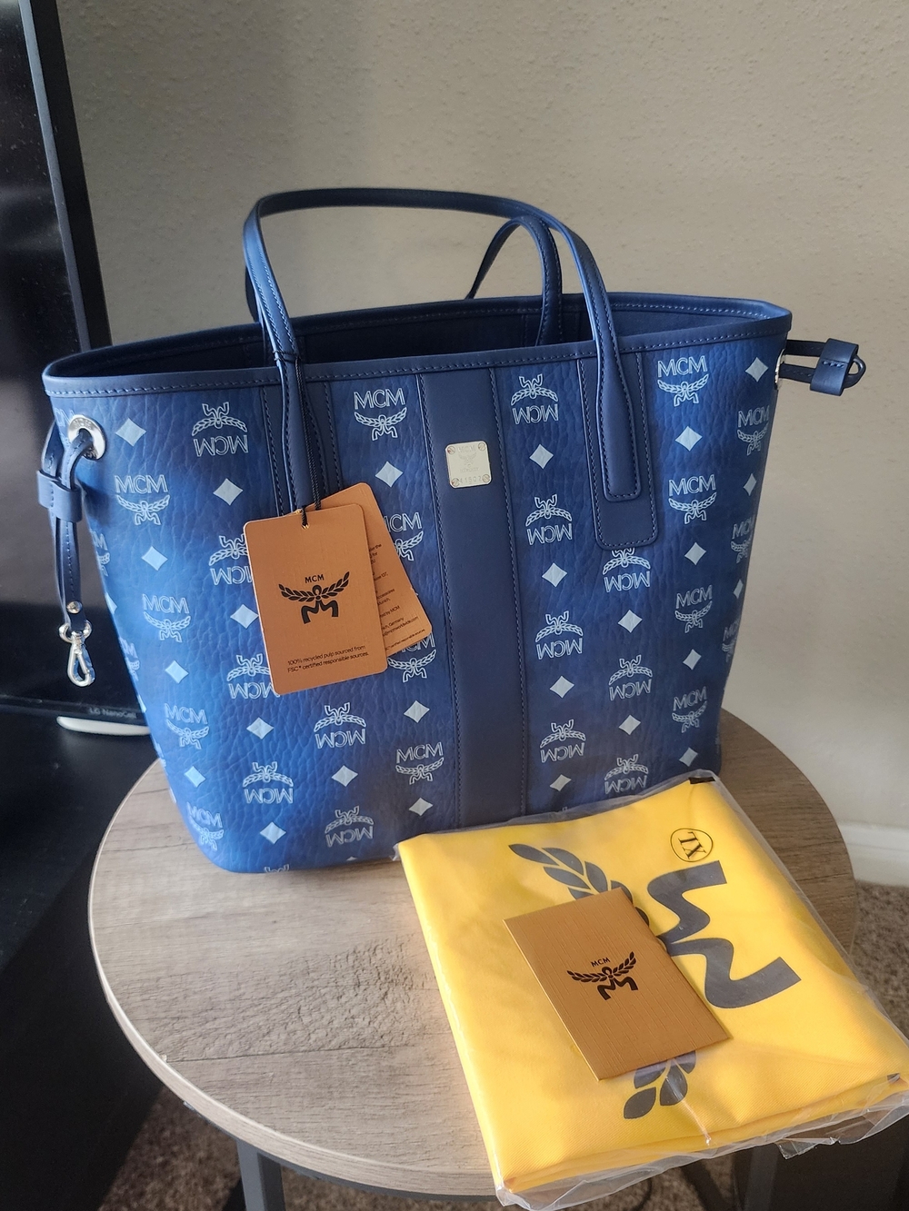 MCM Blue Monogram  Tote - Navy/Blue  Mini Pouch Not Included